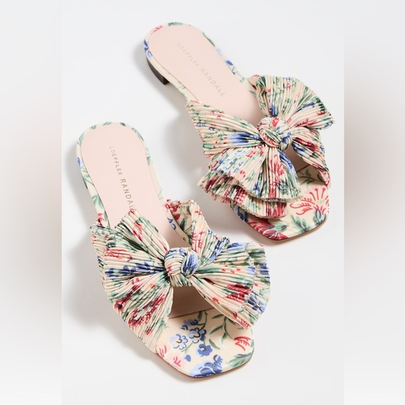 Loeffler Randall Shoes - NWOB, Loeffler Randall Daphne Pleated Bow Slides Sandals in Tan Vine Floral, 10